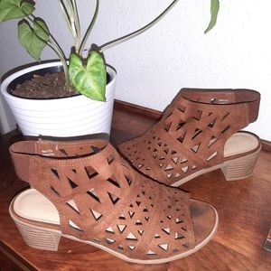 Brown Laser Cut Block Heeled Boot Sandal Size 5